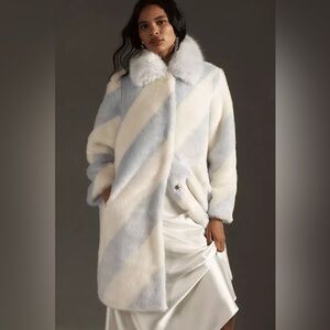 Maeve x Anthropologie Faux Fur Stripe Coat Jacket Blue/White Sz M